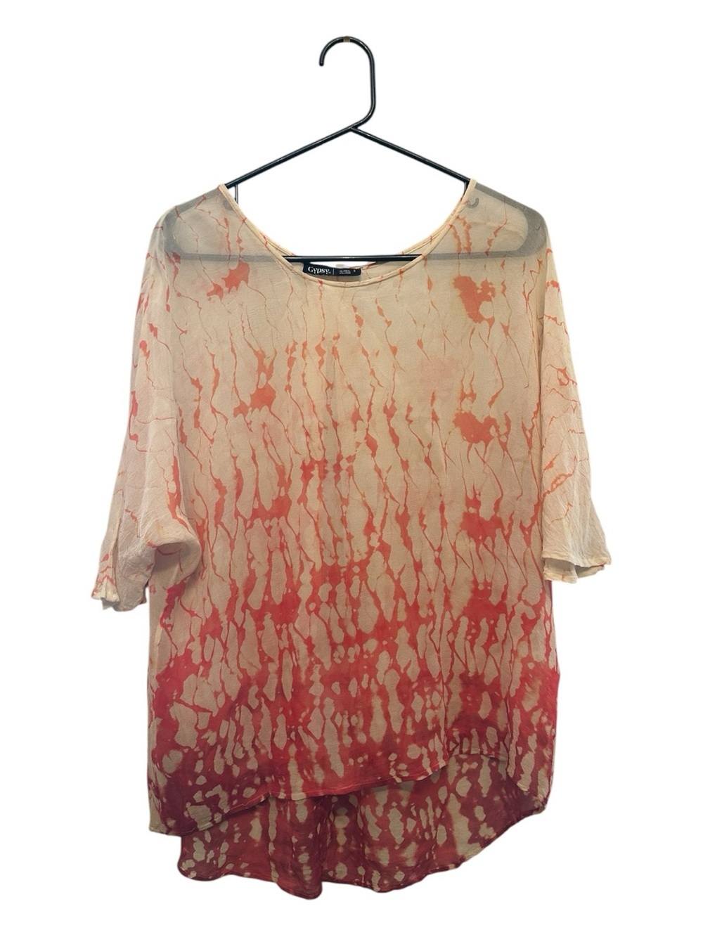 Gypsy 05 Beige & Coral 100% Silk Tie-Dye Short Sleeve Blouse Small